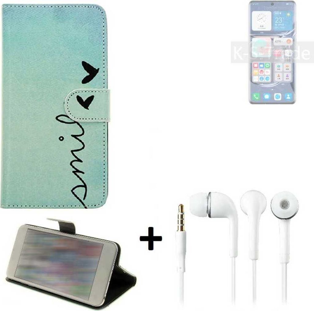 K-S-Trade Schutz Hülle Handy Hülle kompatibel mit Huawei P50 Pro SD888 360° Wallet Case Schutz Hülle ''smile'' inkl. Ohrstöpsel Smartphone cover