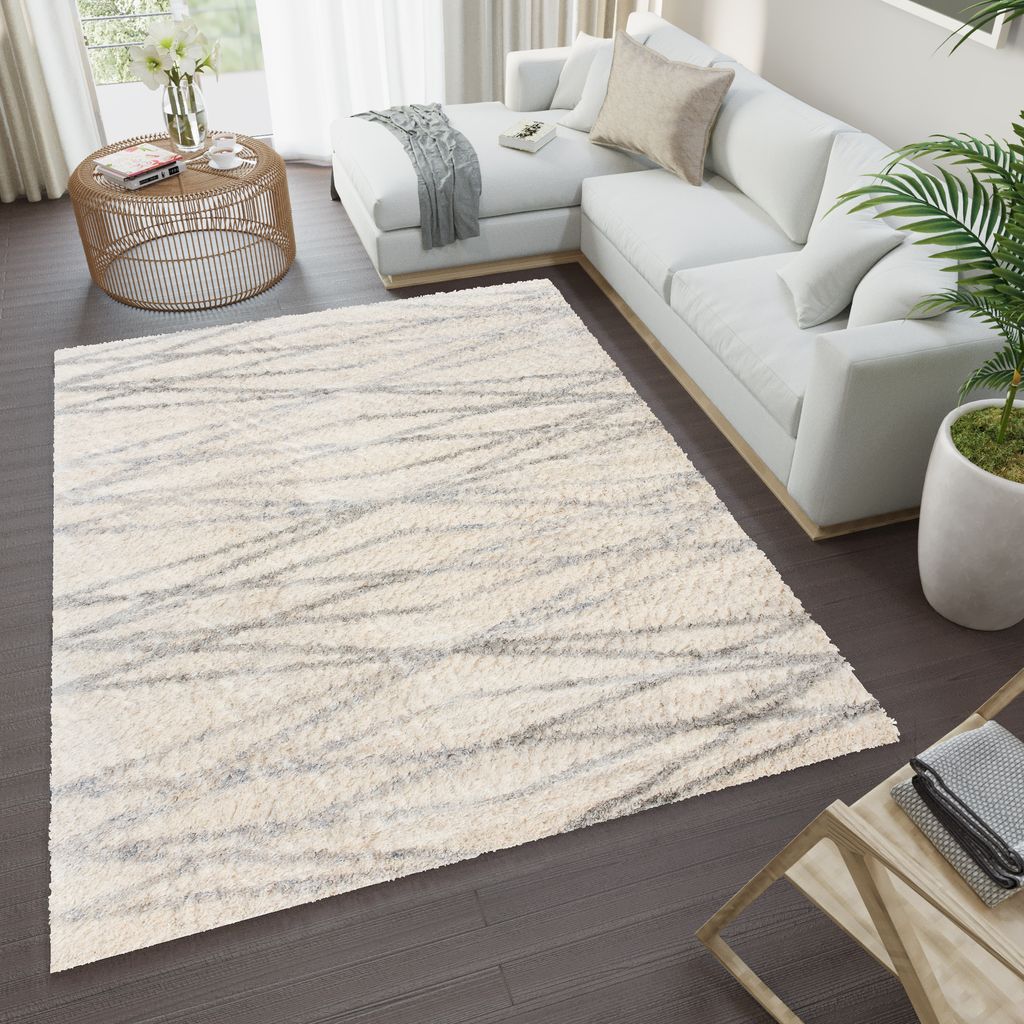 Teppich Wohnzimmer Schlafzimmer Meliert Modern Design Shaggy Hochflor Langflor Creme Grau 80 x 150 cm