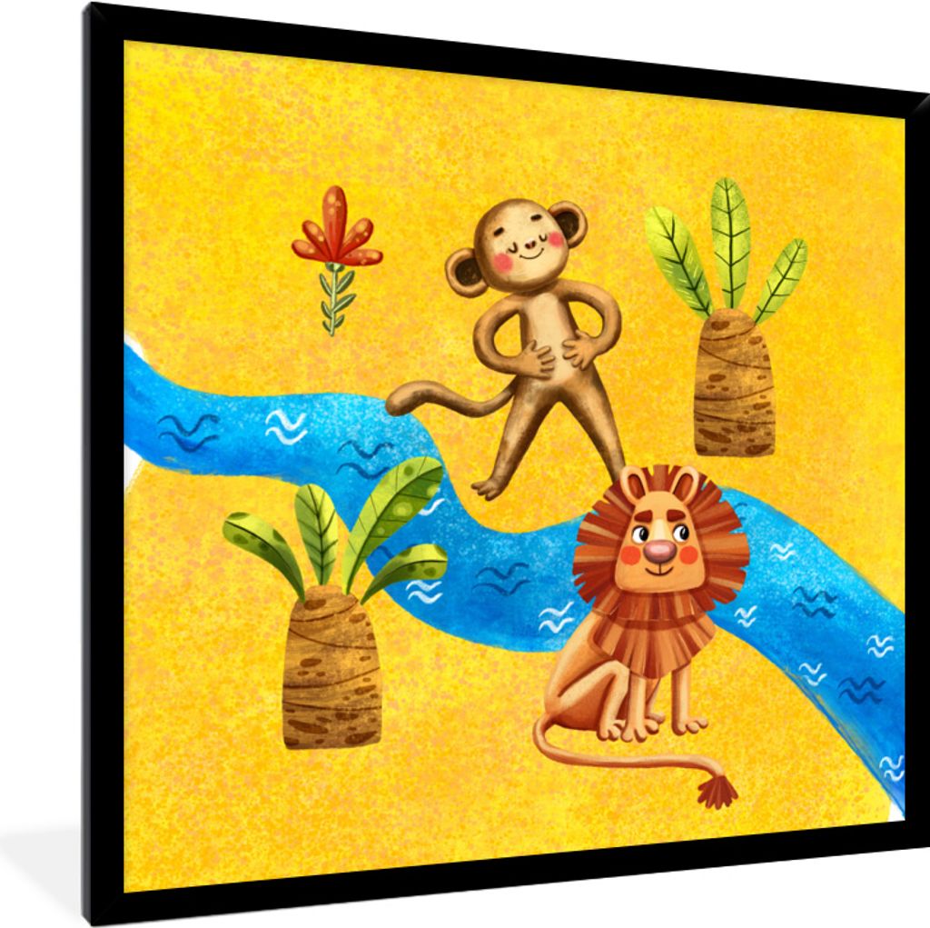 MuchoWow MuchoWow Gerahmtes Poster Affe - Löwe - Dschungel - Fluss 40x40 cm - Poster mit zchwarzem Bilderrahmen - Mit Rahmen - Wanddekoration ...