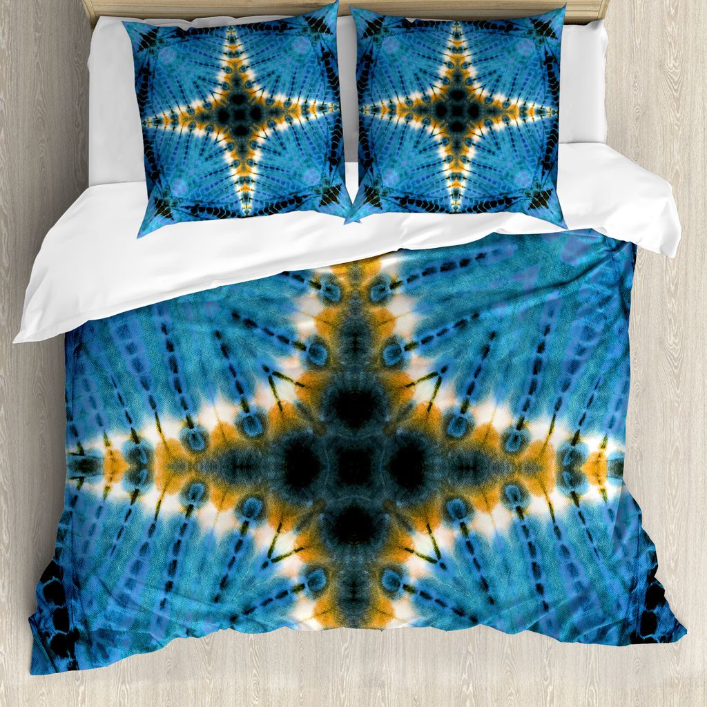 ABAKUHAUS Blau Bettbezugs Set Für Doppelbetten, Tie Dye Böhmisch, Milbensicher Allergiker geeignet mit Kissenbezügen, Orange Blau