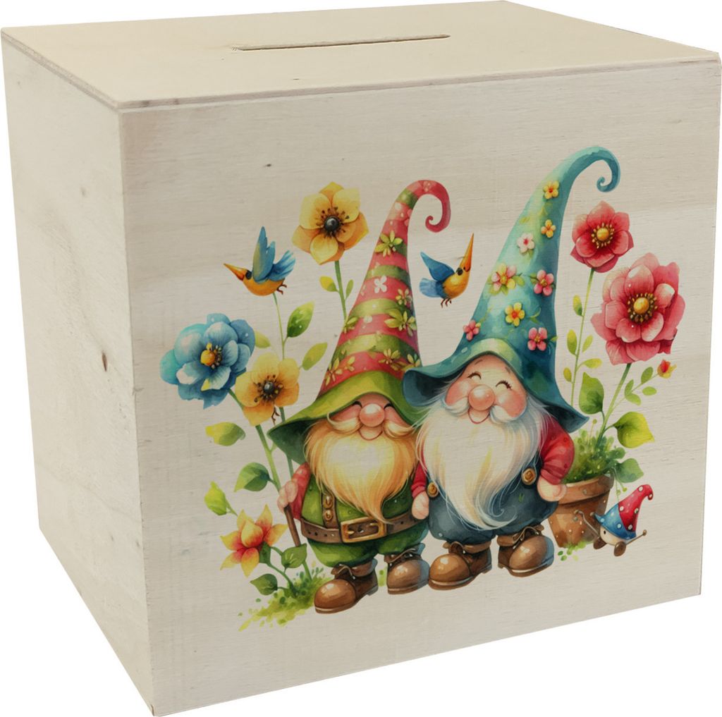 Gartenzwerge mit Blumen Spardose aus Holz