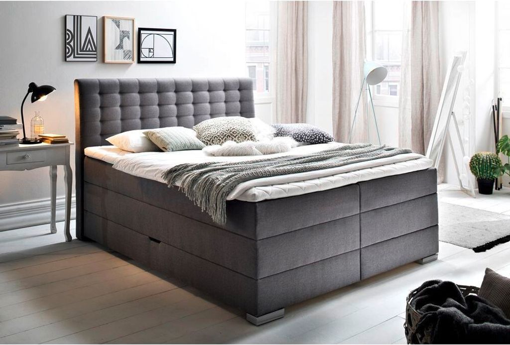 Boxspringbett inkl. seitlich klappbarer Bettkasten in 180x200 cm LORETOPLUS-114 in Grau, Härtegrad H2/H3