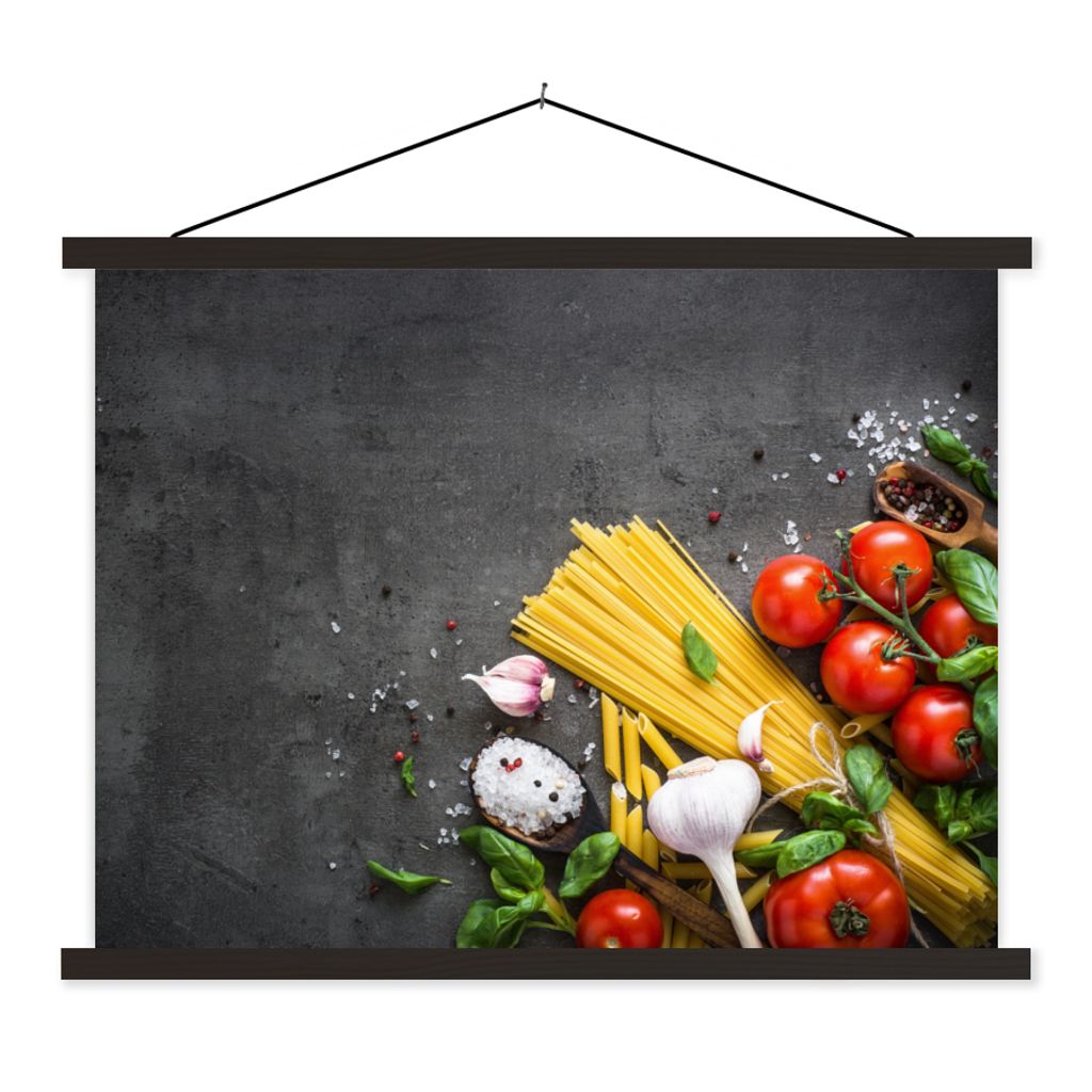 MuchoWow Textilposter Nudeln - Kräuter - Tomate - Gewürze - Rustikal 40x30 cm mit schwarzem Rahmen - Dekorationen
