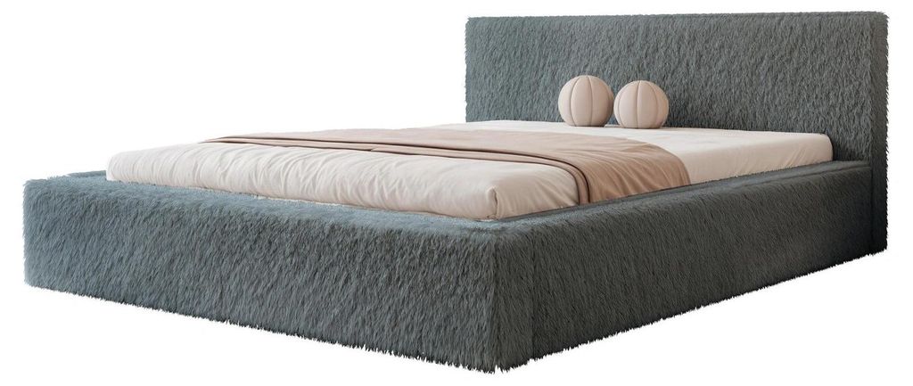 Polsterbett SIERO 180x200 Grau Kunstfell Teddy-Optik mit Bettkasten & Lattenrost