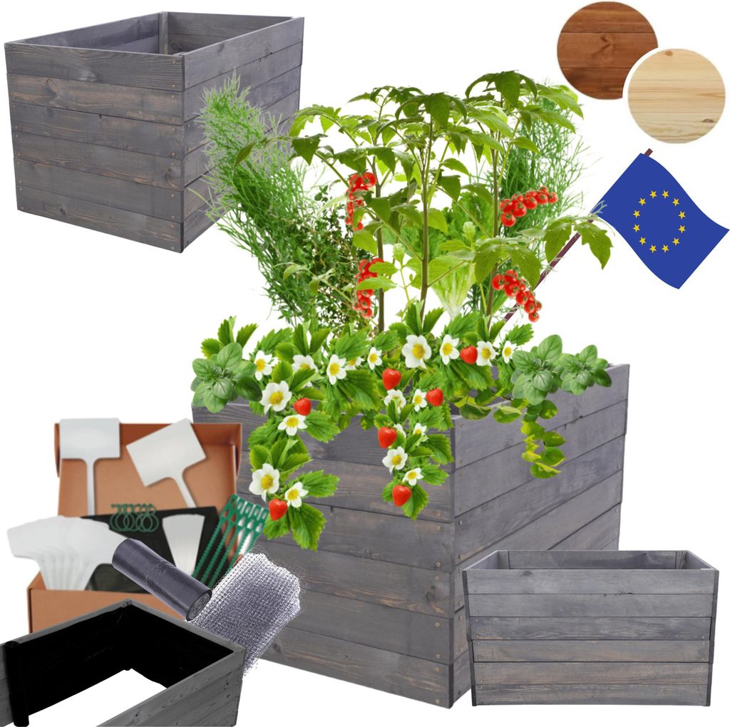 MODO24 Hochbeet Holz, Pflanzkasten, Massivholz, Kiefer, Kräuterbeet, Blumenkasten, Garten, Terrasse, 54x93x90 cm, Grau, ZP06