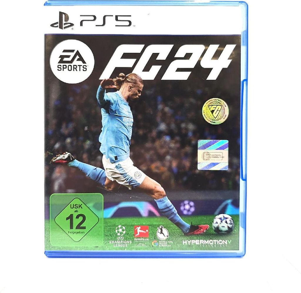 A video game case for EA Sports FC 24 on PS5, featuring a soccer player in action.