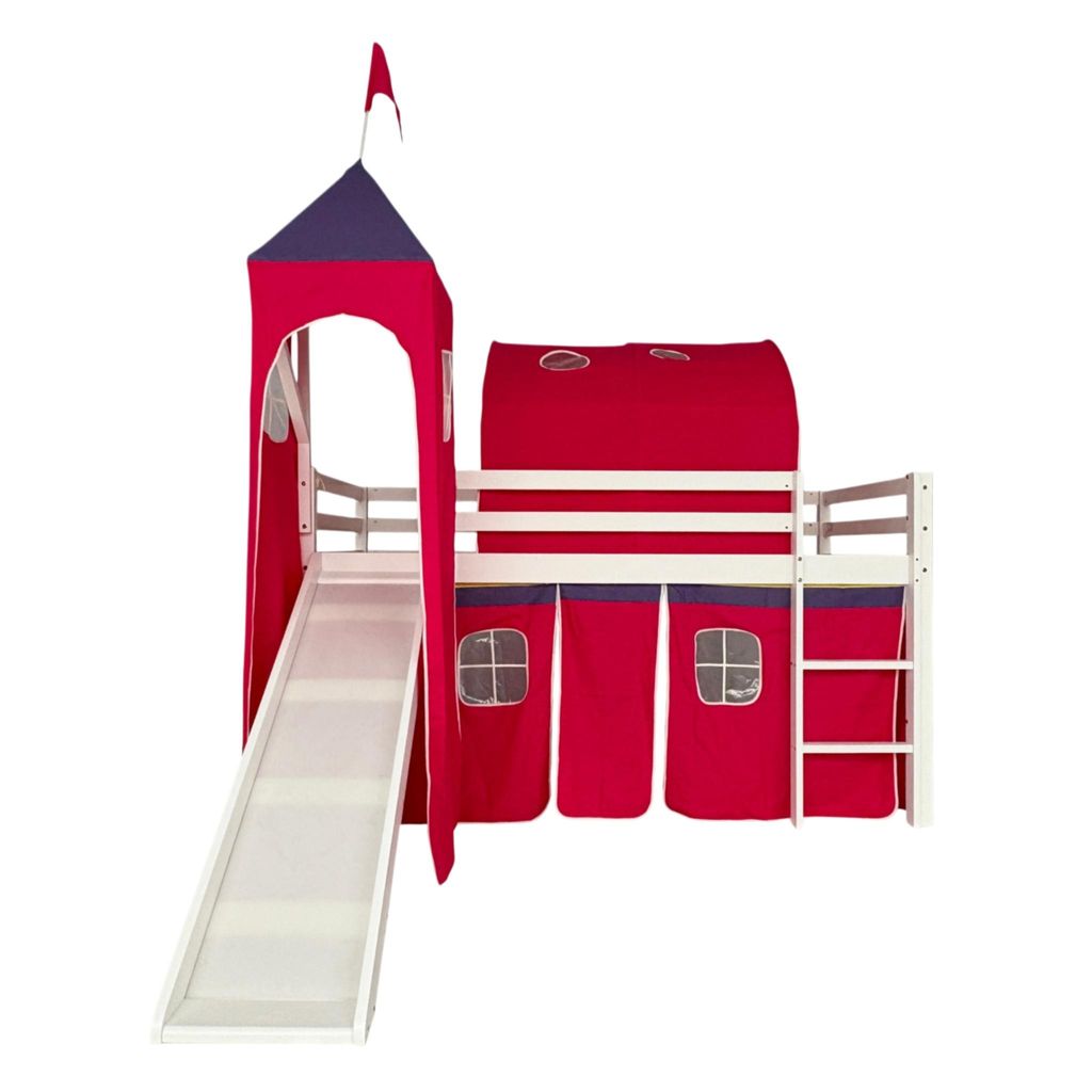 Kinder Hochbett mit Rutsche und Zelt 90x190 cm (ohne Matratze), weisses Kiefernholz, Spielbett mit Leiter und Baumwollzelt im Schlossdesign