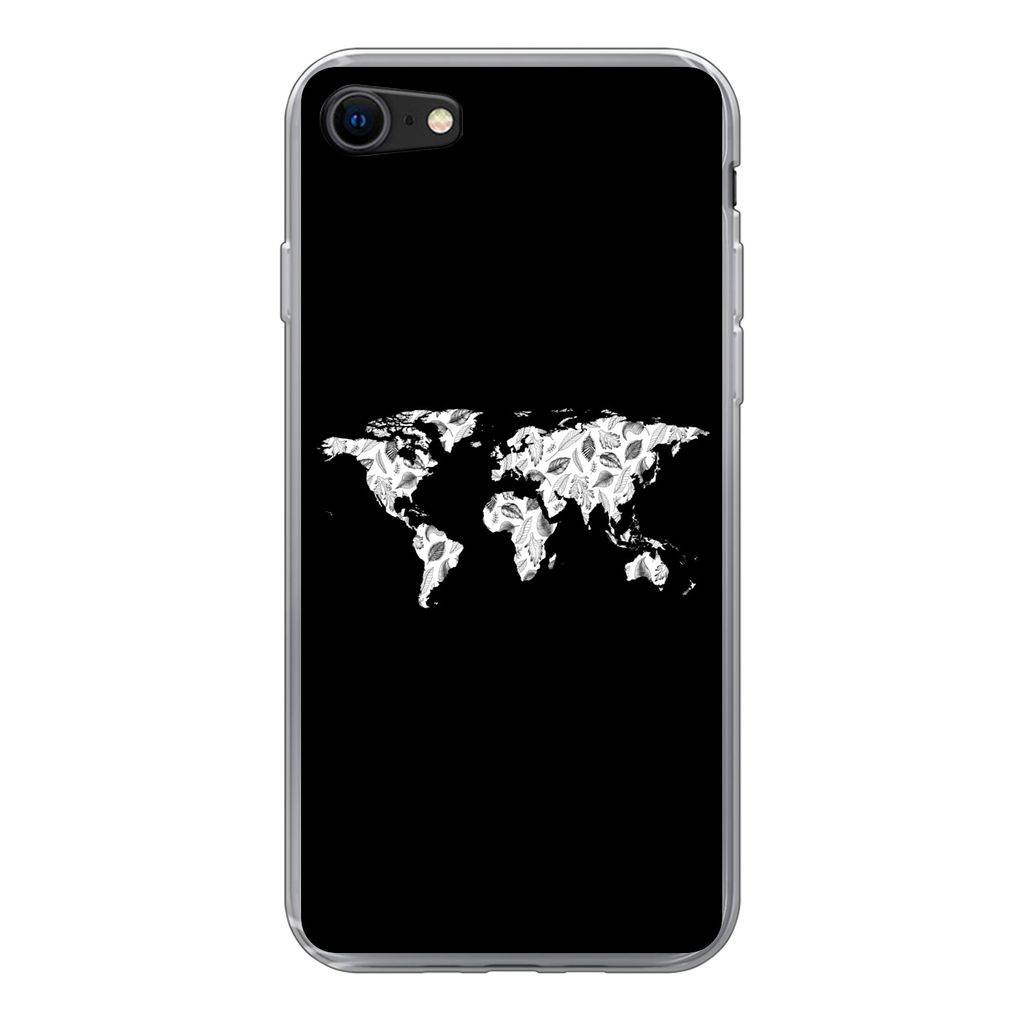 MuchoWow Handyhülle Schutzhülle Hülle für iPhone 7 Weltkarte - Blätter - Schwarz Silikon Softcase Handy Hülle - Kartenhalter
