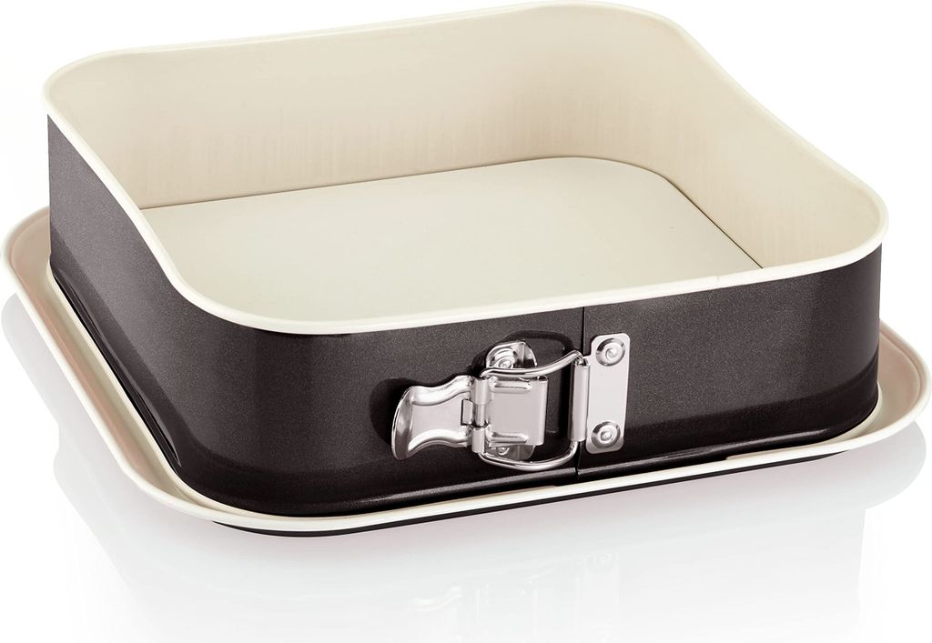 Springform viereckig 24x24 cm – Antihaft Backform mit Auslaufschutz, hohe quadratische Kuchenform, schwarz/creme