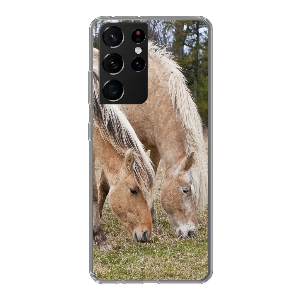 MuchoWow Handyhülle Schutzhülle Hülle für Samsung Galaxy S21 Ultra Zwei grasende Fjordpferde auf einer Wiese Silikon Softcase Handy Hülle - ...