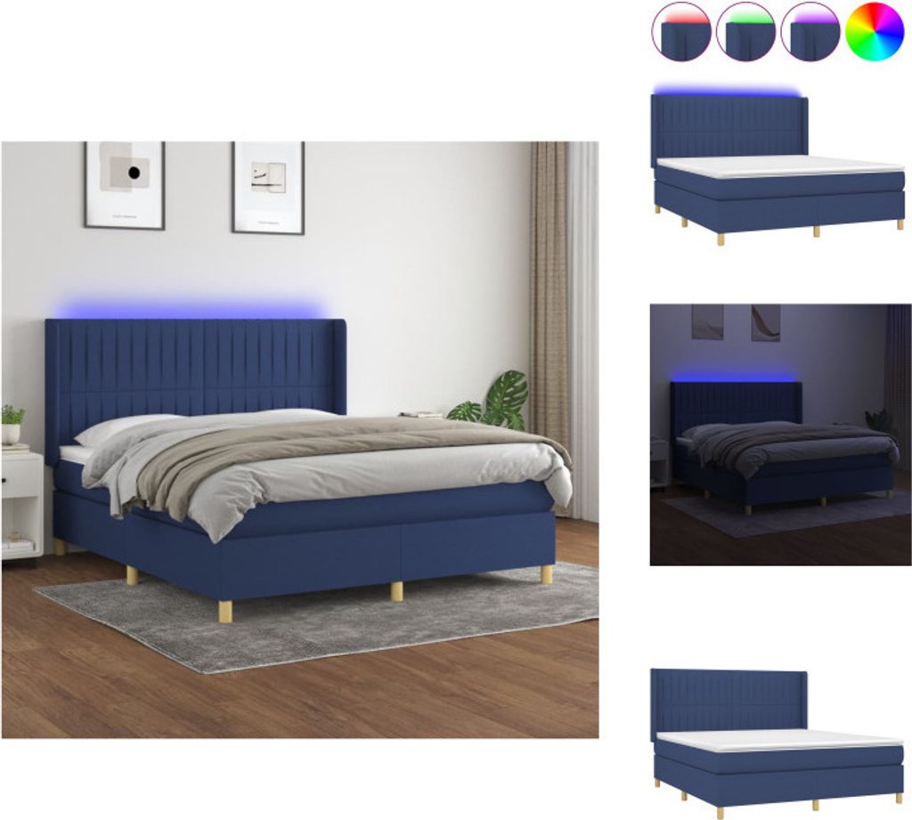vidaXL Boxspringbett mit Matratze & LED Blau 180x200 cm Stoff - Betten & Bettgestelle