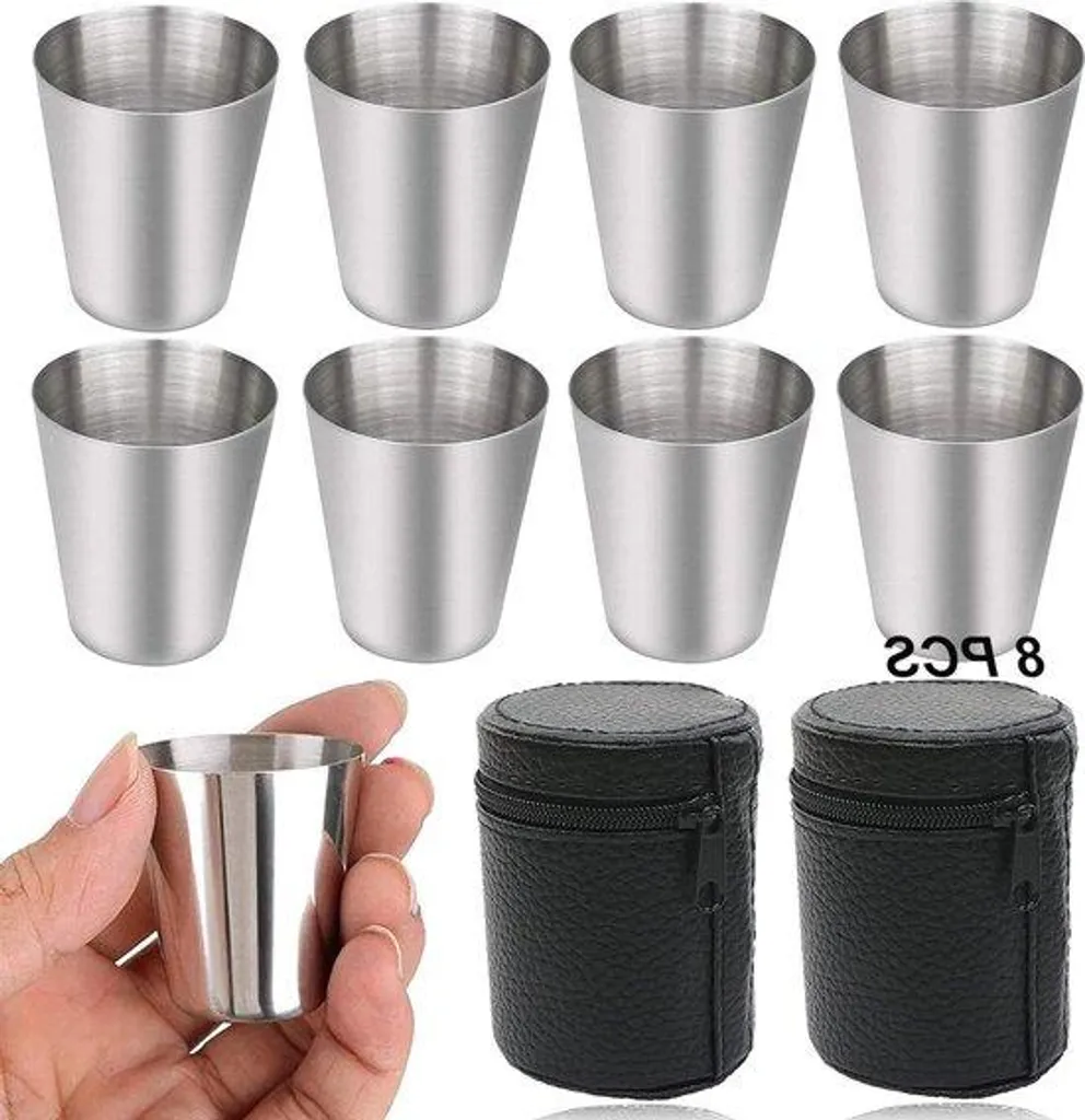 Verres à liqueur empilables en métal 30 ml avec étui de transport cuir
