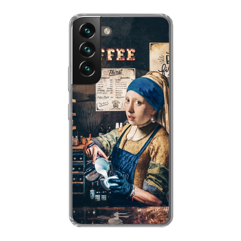 MuchoWow Handyhülle Schutzhülle Hülle für Samsung Galaxy S22 Mädchen mit Perlenohrring - Cappuccino - Barista - Vermeer - Kaffee - Gemälde ...