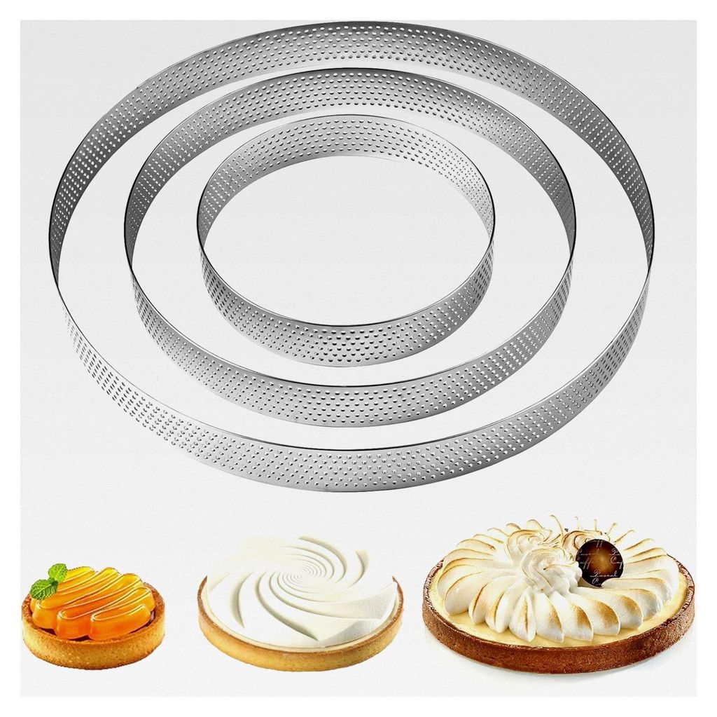 3 Dessertringe Ø 10/15/20 cm, Mousse Tartelette Förmchen aus Edelstahl, perforierte Crumpet-Ringe, Backringe mit Löchern, für Gebäck, Mousseku...