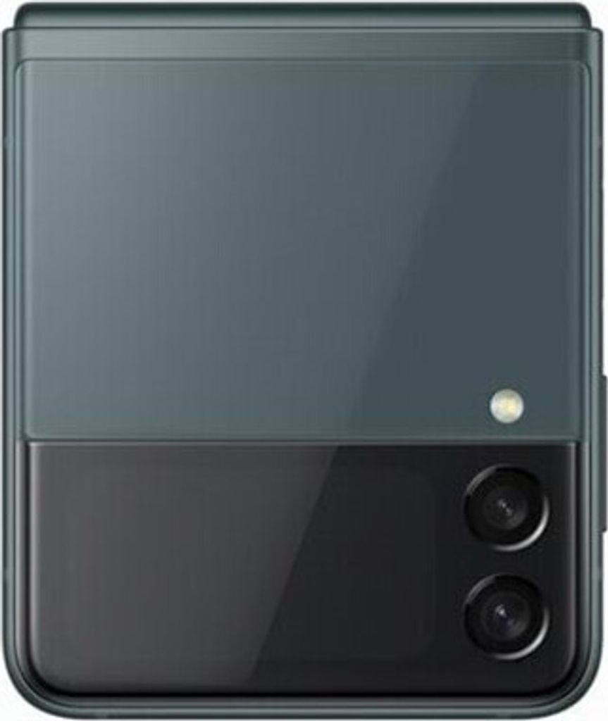 A close-up, front-facing view of a closed Samsung Galaxy Z Flip3 5G smartphone in green and black.