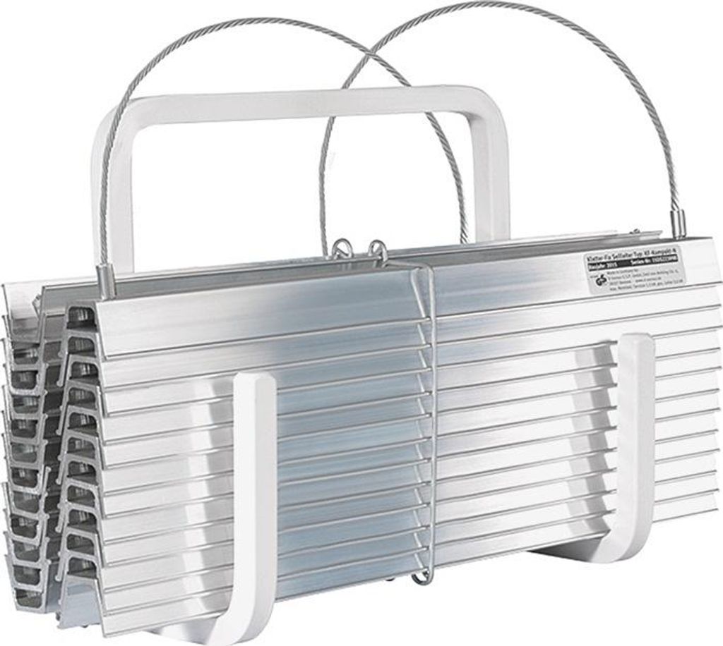 A stack of aluminum ladder rungs with white handles and supports.