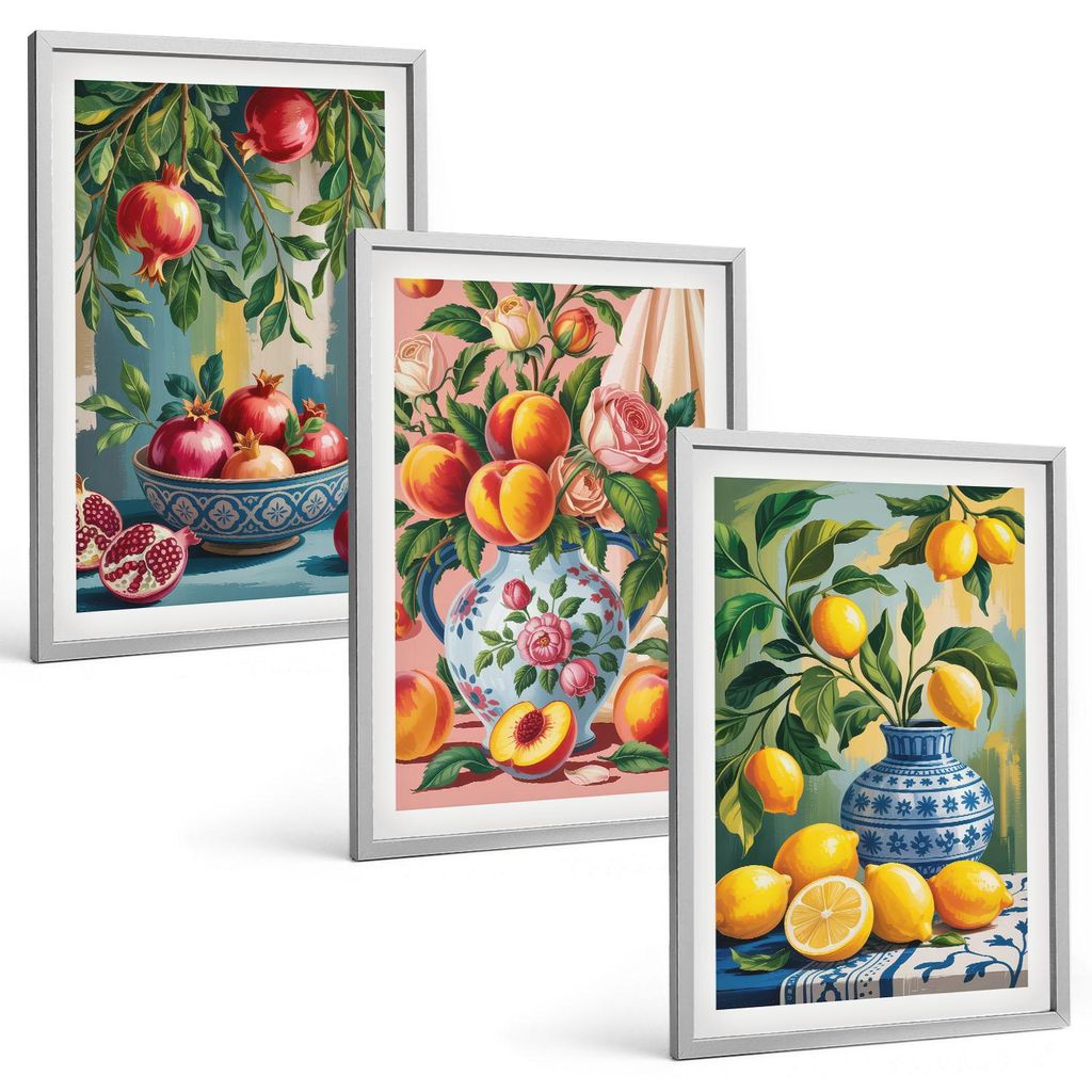 Bilder Set 3-teilig im silbergerahmten Rahmen – Wandbilder 3 Stück – gerahmte Poster für Wohnzimmer, Schlafzimmer und Flur – 40x60 cm – F...