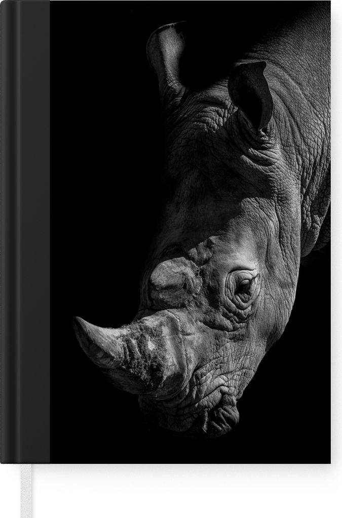 MuchoWow Notizbuch Tagebuch Haushaltsbuch Notebook A5 Nahaufnahme eines Nashorns auf schwarzem Hintergrund - Notizblock - Notizheft - Notebook - ...