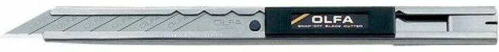 A close-up studio shot of a silver and black OLFA utility knife with a blade extended.
