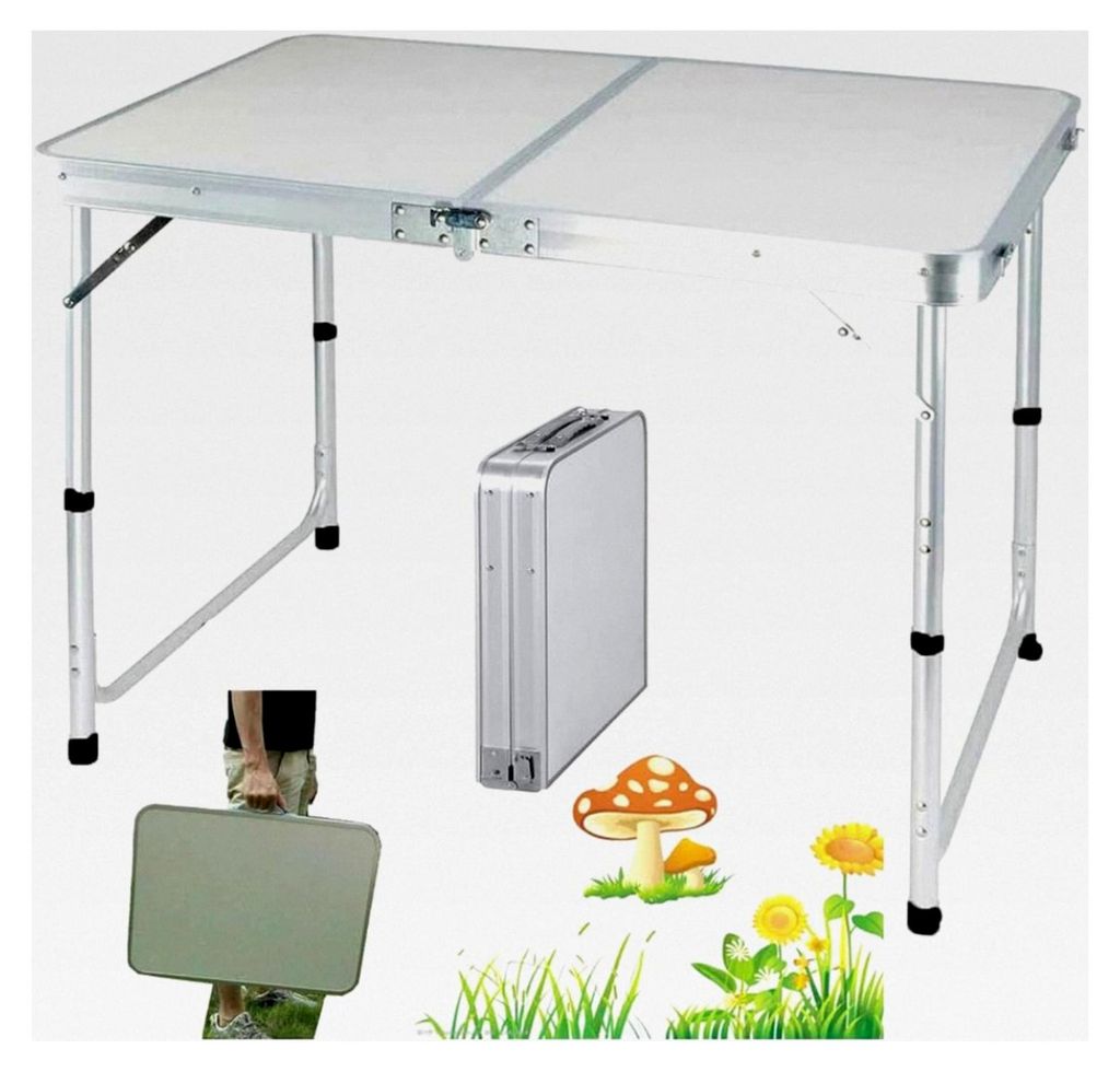 Klapptisch für Innen- und Außenbereich, Aluminium, 120 x 60 x 70/62/55 cm (höhenverstellbar), für Picknick, Party, Camping, als Schreibtisch, b...