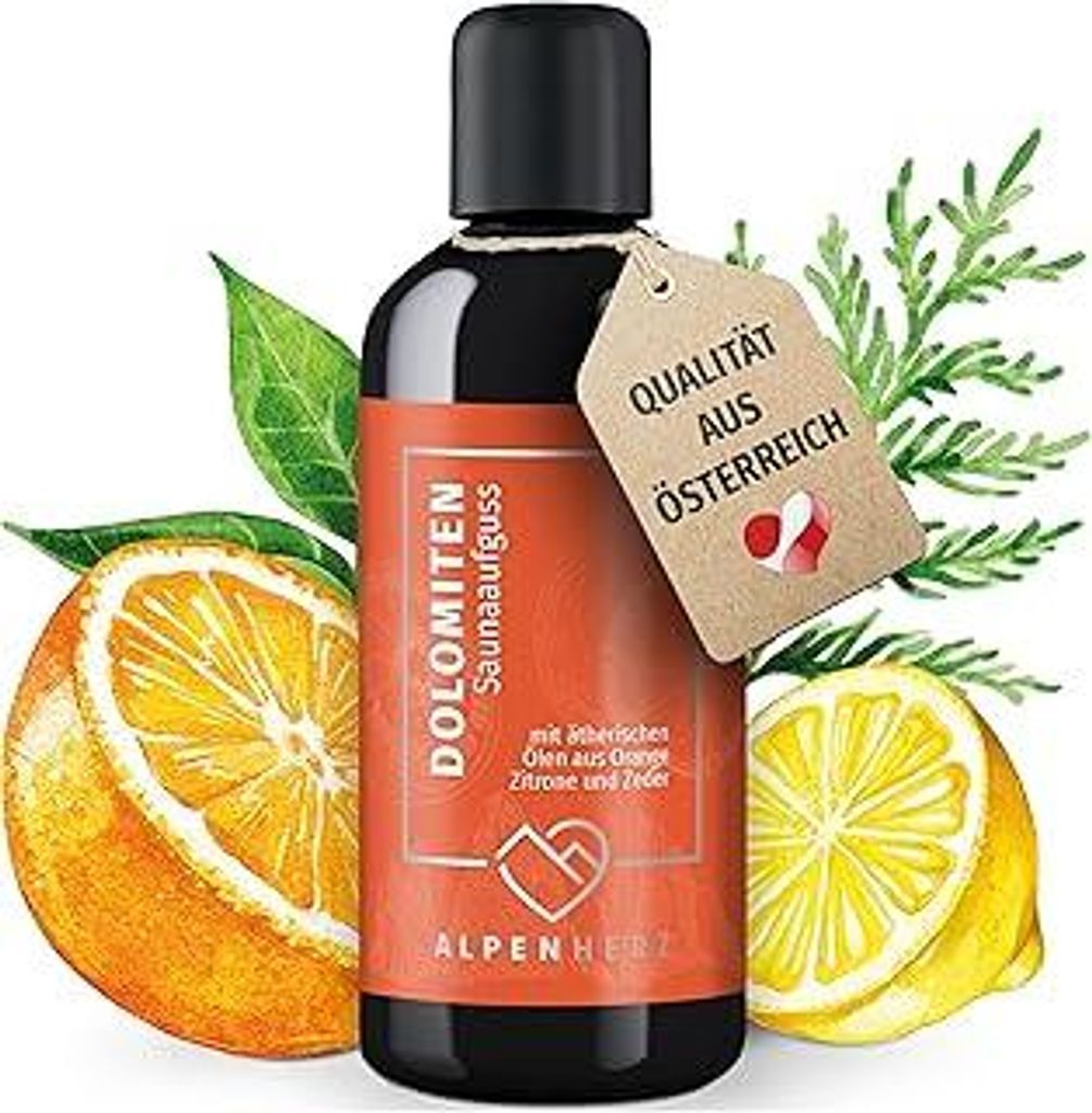 Alpenherz Saunaaufguss - 100% naturrein - 100ml mit ätherische Öle aus Orange, Zitrone & Zedernholz Saunadüfte Aufgussmittel Saunaöl Sauna Zube...