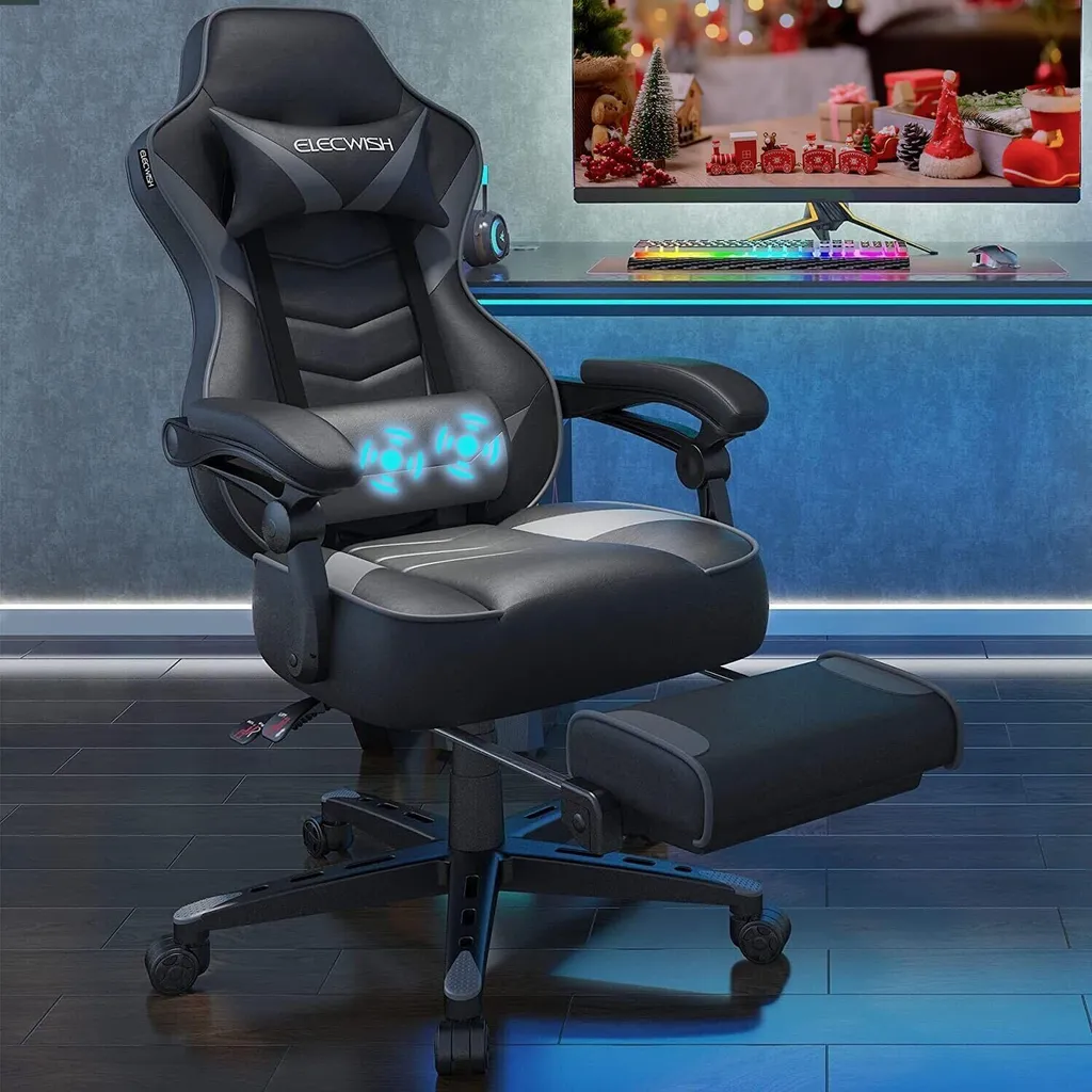 Puluomis Chaise de Jeu avec Massage et Repose-pieds - Noir et Gris 150kg