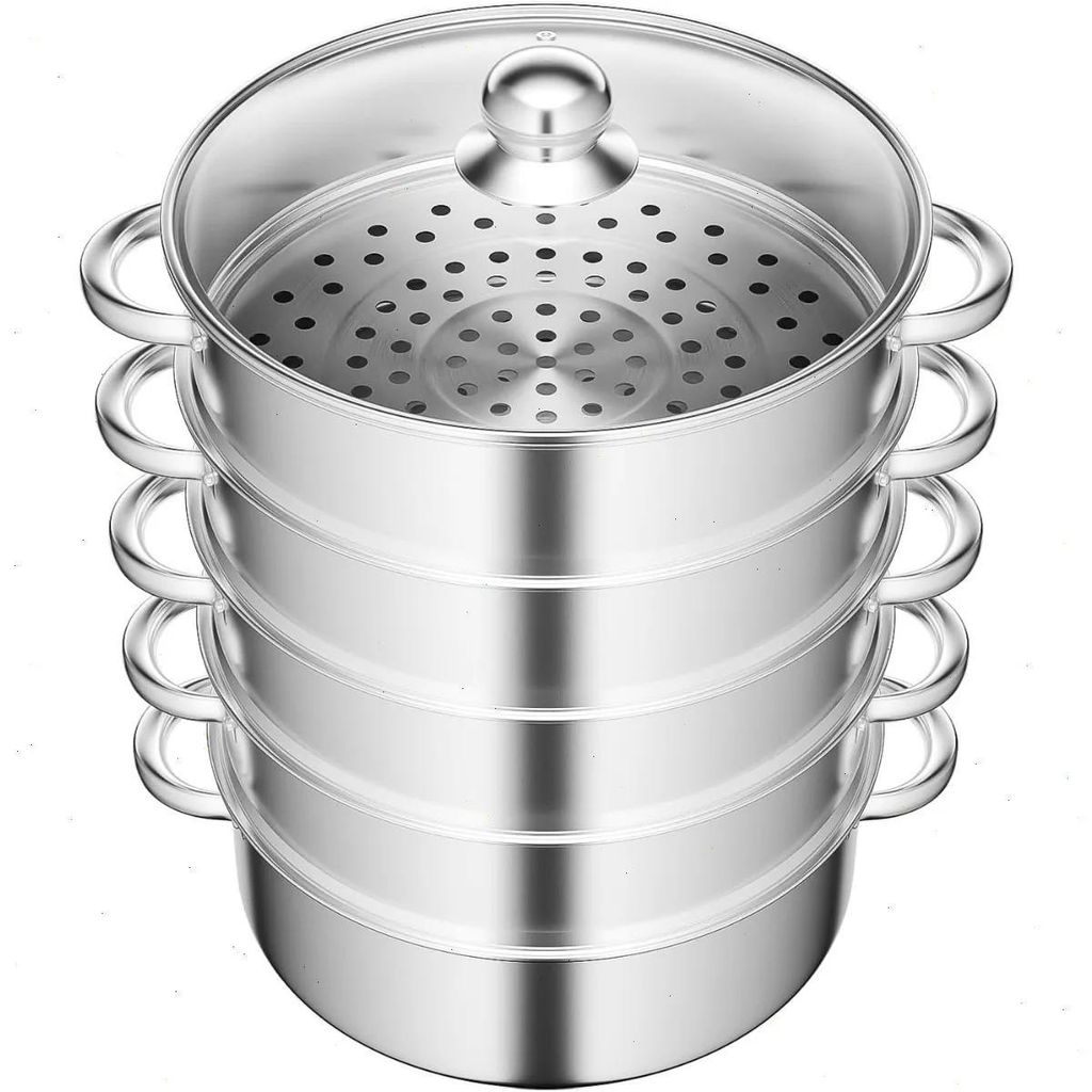 Dampfgarer Topf 28 cm - 5-lagiger Edelstahl-Steamer - Mehrschichtiger Dämpfeinsatz - Glasdeckel - Stapelbar - Silber
