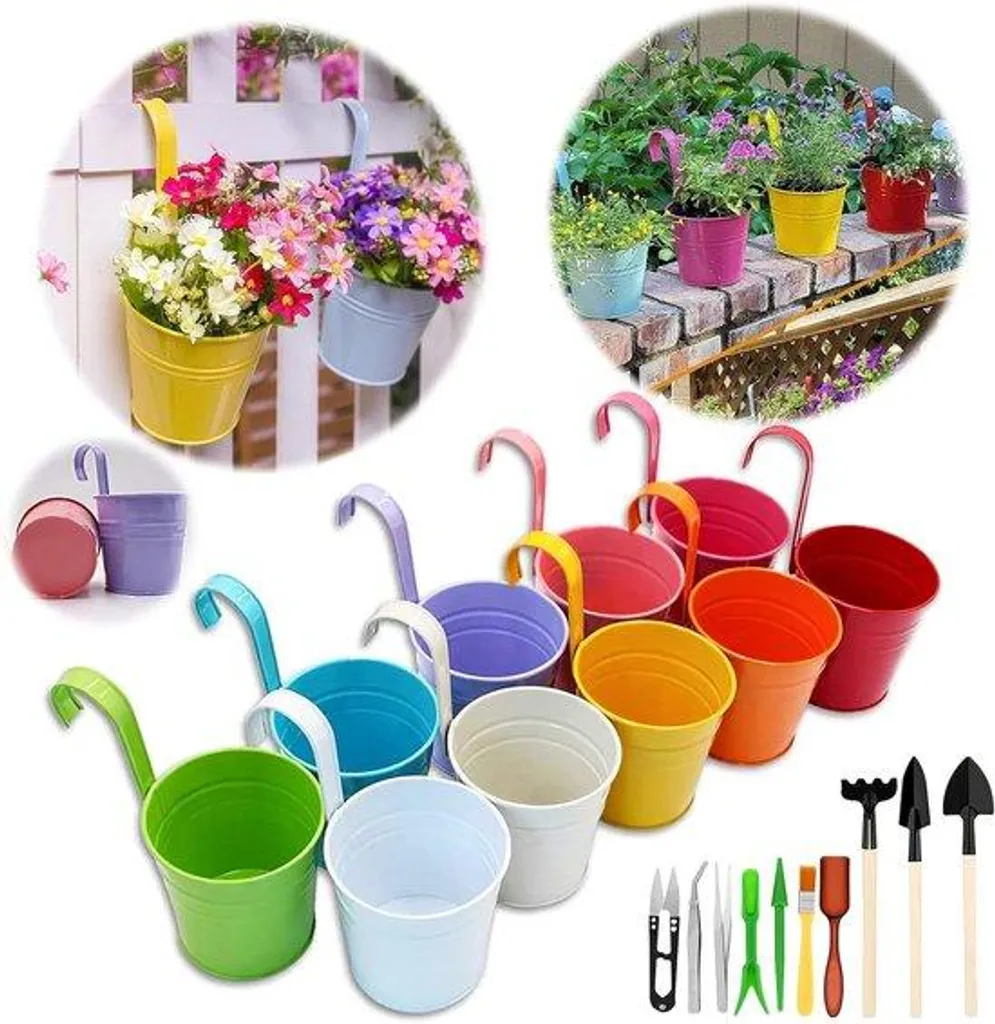 Pots de jardin colorés à suspendre : lot de 10 vases pour balustrade