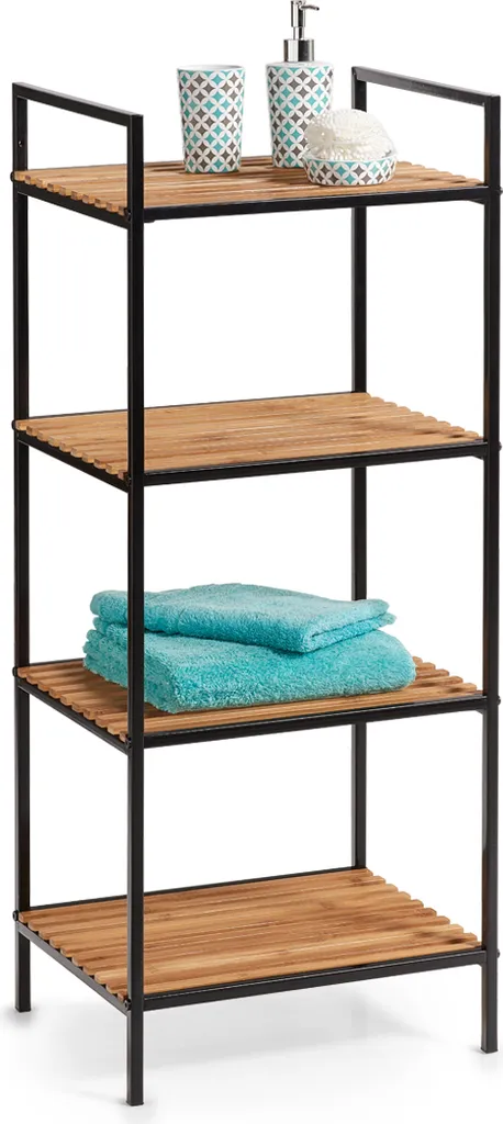 Étagère en bambou robuste et métal noir à 4 niveaux de rangement
