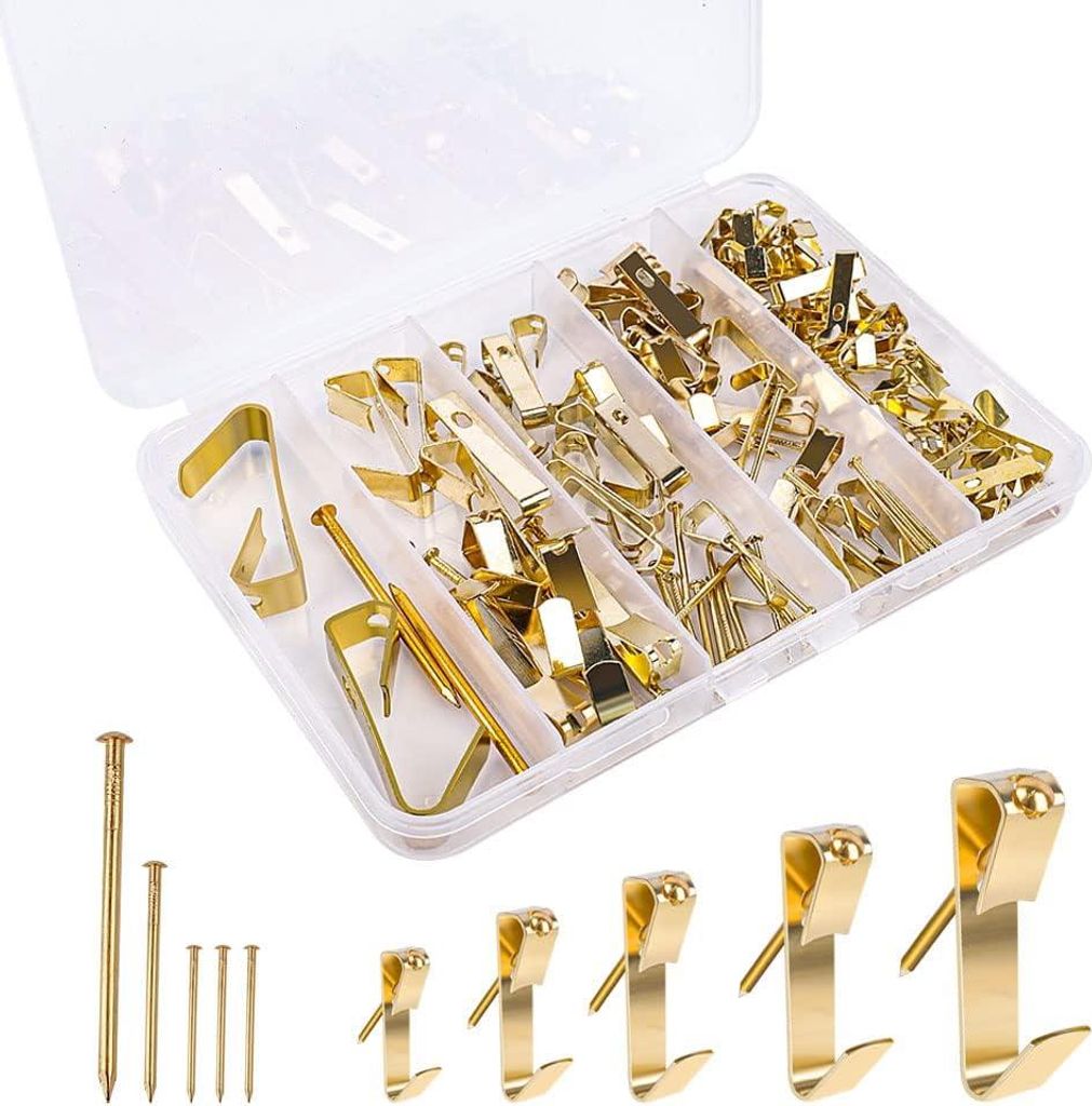 120-teiliges Bilderrahmen-Haken-Set aus Edelstahl mit Nägeln zum Aufhängen von Bilderrahmen, Spiegeln und Kunstwerken (5 Größen, Gold)