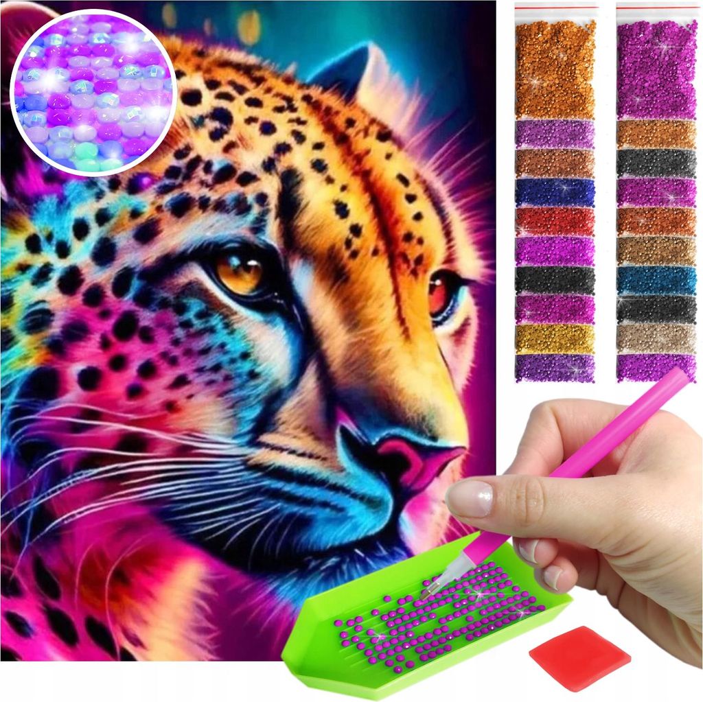 ARTULIO - Diamond Painting Set - Neon Leopard Porträt - 40 x 30 cm - AB Steine, AB Diamant - 5D Diamant Painting, Crystal Art