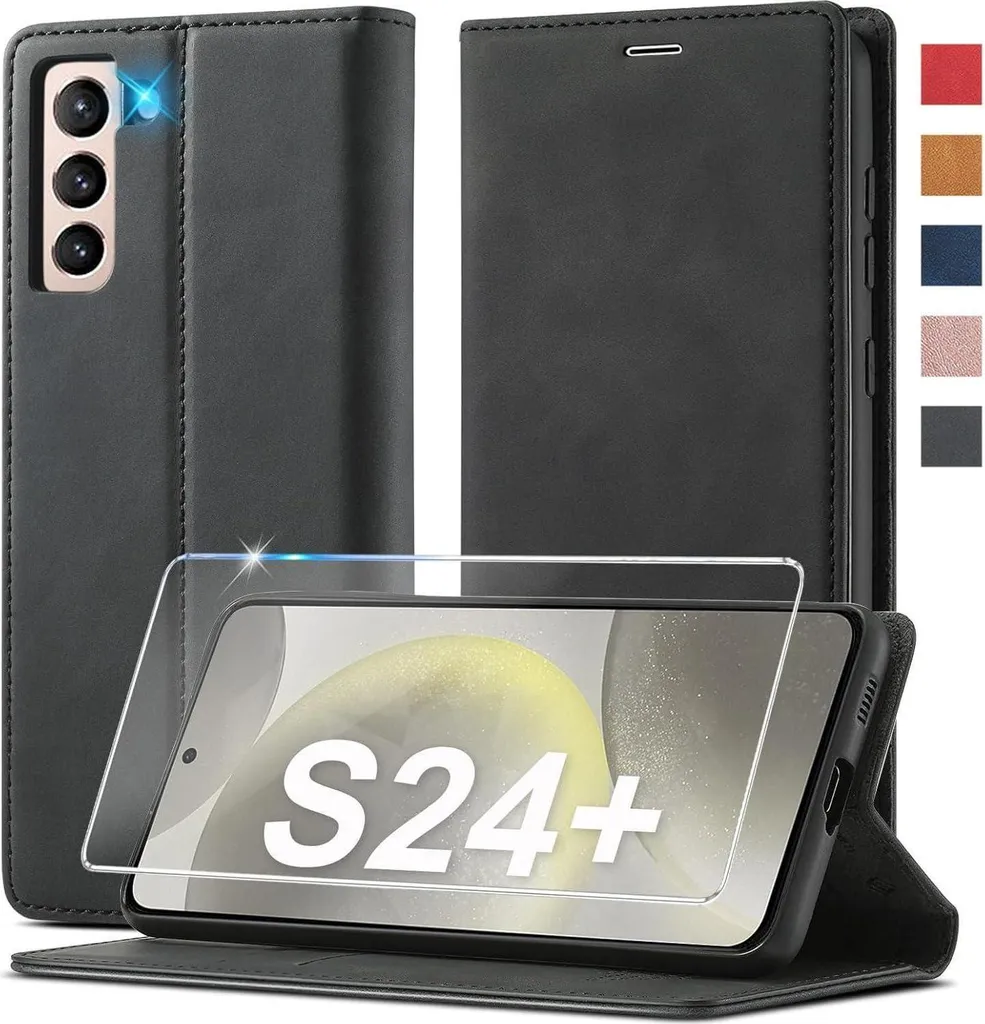 Housse Samsung Galaxy S24 Plus Cuir Noir Pliable avec verre de protection