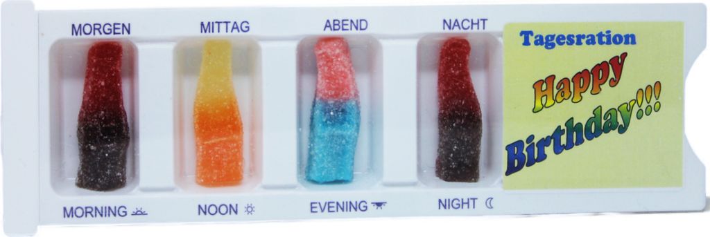 Produktbild Tablettenbox Happy Birthday gefüllt mit Fruchtgummi Scherzartikel 25g