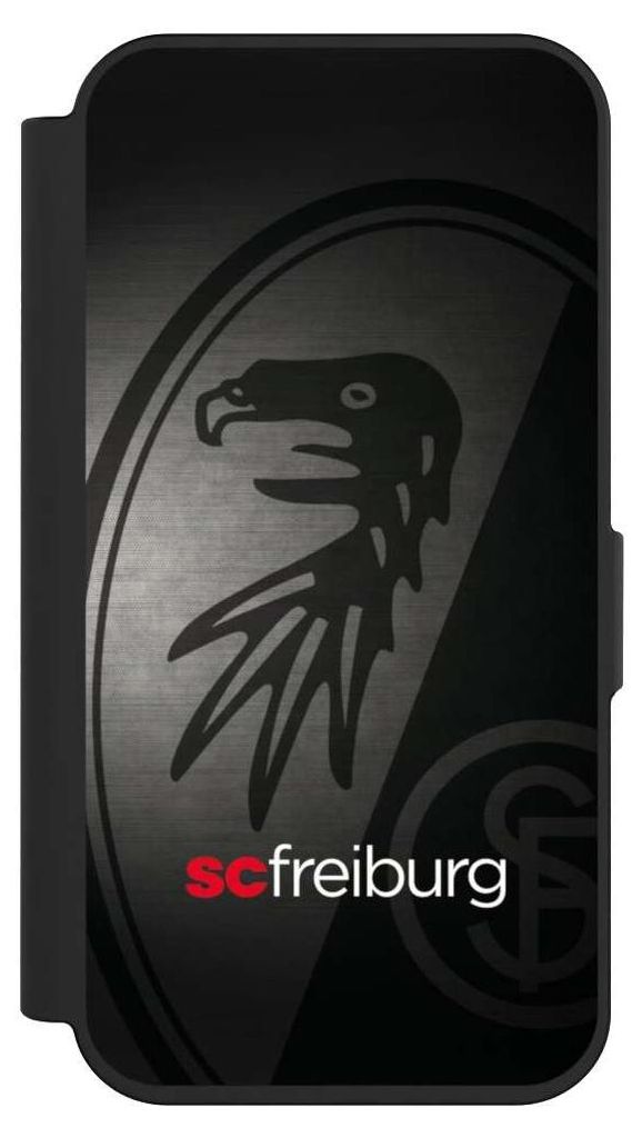 NIVOCASE Klapphülle für Apple iPhone 15 Pro Handyhülle aus Kunst Leder NIVOflip schwarz Metallic Look Offizielles Lizenzprodukt SC Freiburg