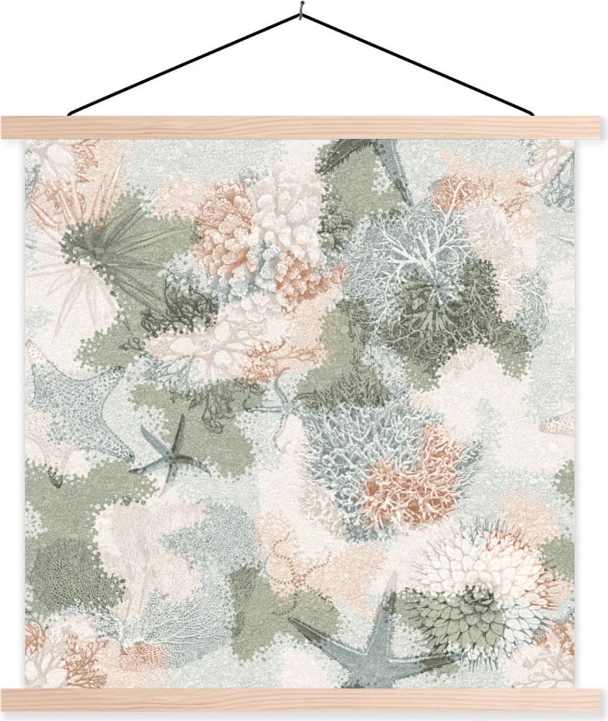 MuchoWow Textilposter Strand - Koralle - Farben 120x120 cm mit holzfarbenen Rahmen - Textil-Poster