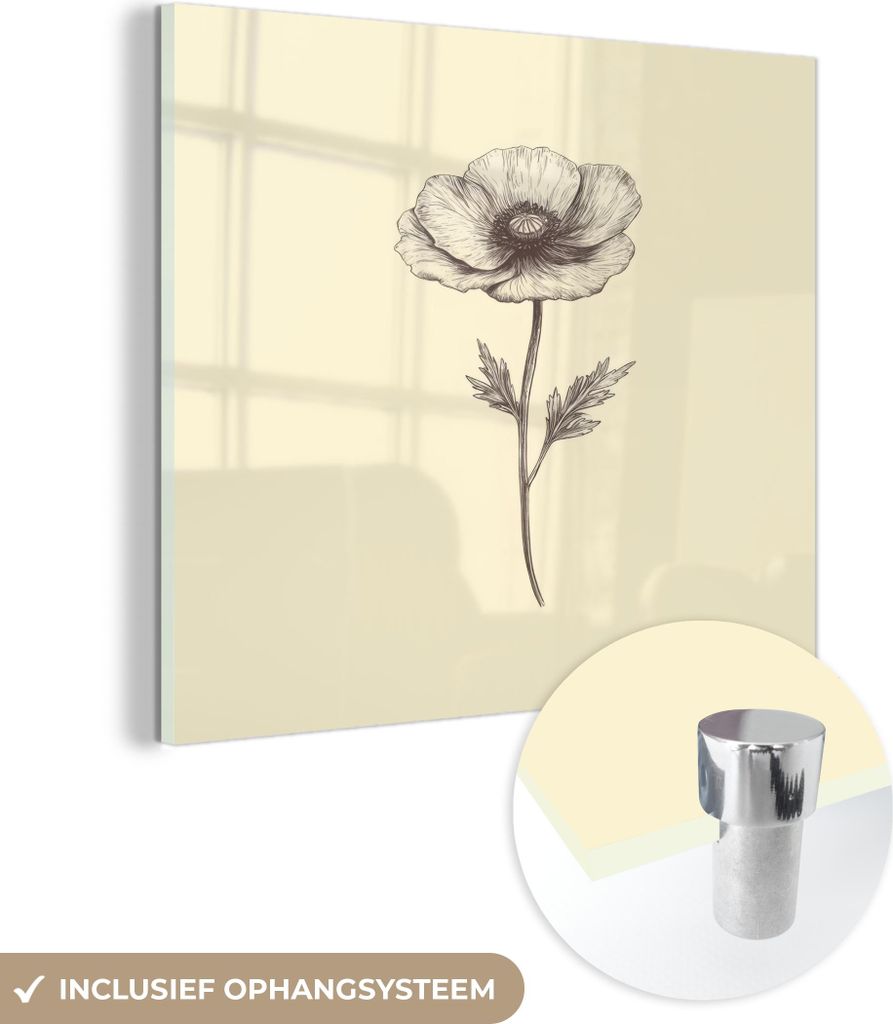 MuchoWow Glasbilder - Bilder auf Wandbild - Foto auf Glas Mohn - Illustration - Schwarz 40x40 cm Wanddekoration aus Glas - Acrylglasbild - Acrylbilder