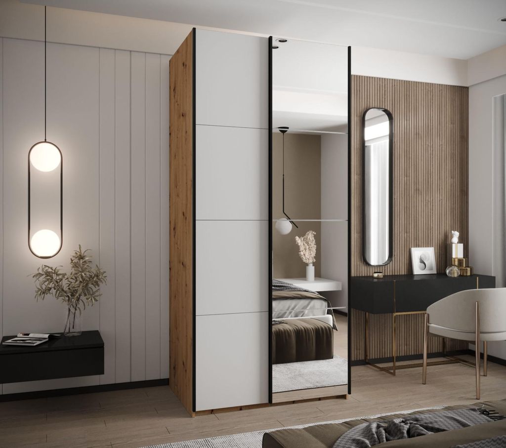 Zweitüriger Kleiderschrank SAMARA 3 - 100 cm, Eiche handwerklich / weiß / schwarz
