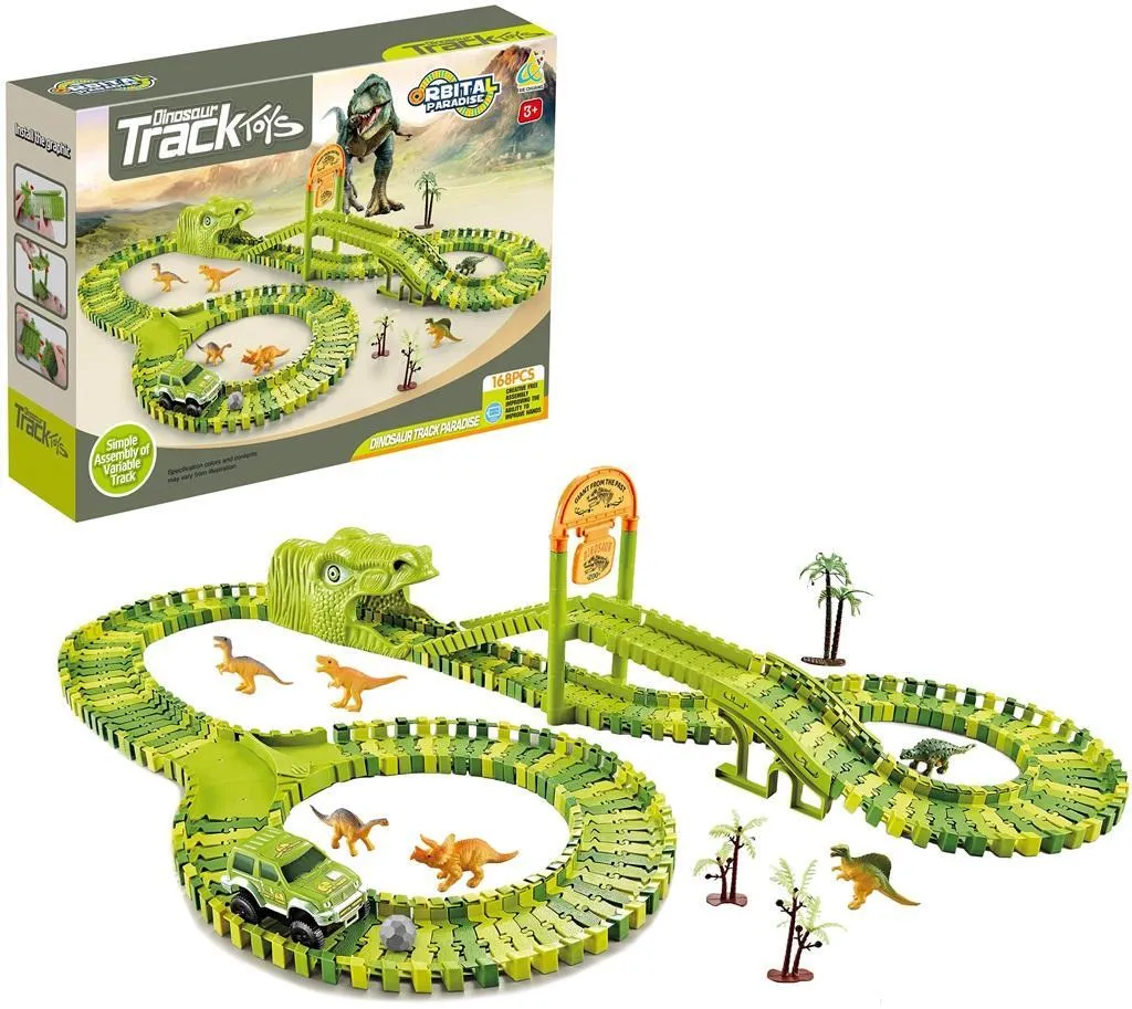 Train de dinosaure flexible 168 pièces avec rails modulables et ponts