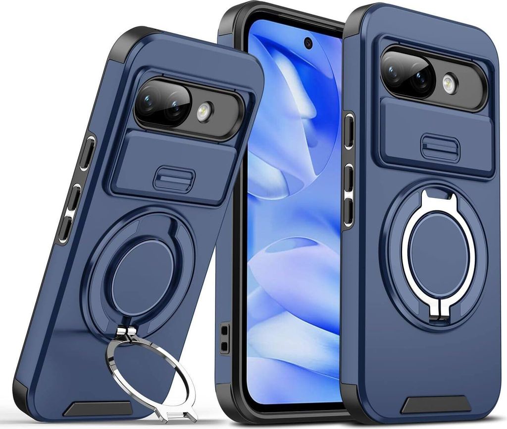 Handyhülle für Goolge Pixel 9A Dual-Layer Stoßfest Militär Hülle mit Dia Kameraschutz und Magnetisch Ring Ständer Blau
