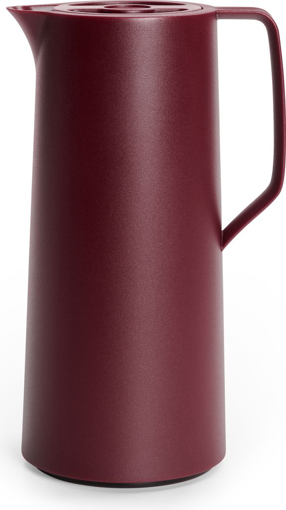 A product shot of a burgundy insulated jug on a white background.