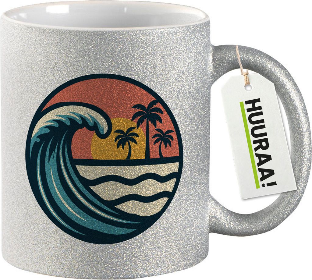 Huuraa Glitzertasse Beach Strand Welle 330ml Silber Keramik Kaffeebecher Geschenkidee