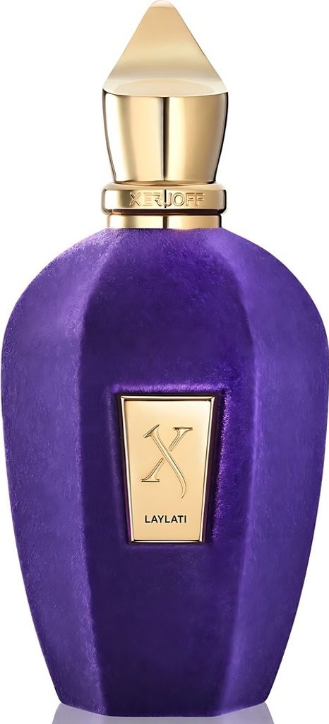 A studio shot of a purple perfume bottle with a gold cap and label.