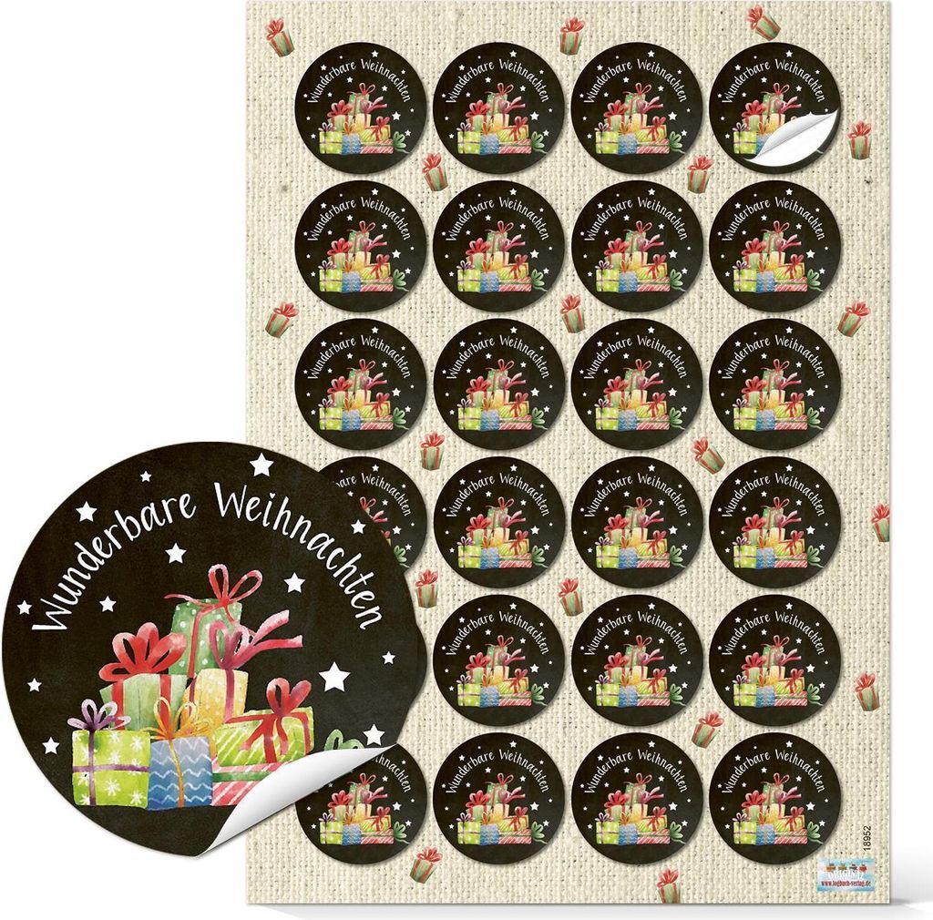 Logbuch-Verlag 24 Weihnachtssticker Aufkleber rund WUNDERBARE WEIHNACHTEN schwarz weiß rot bunt 4 cm selbstklebend Etiketten Geschenkverpackung Ge...