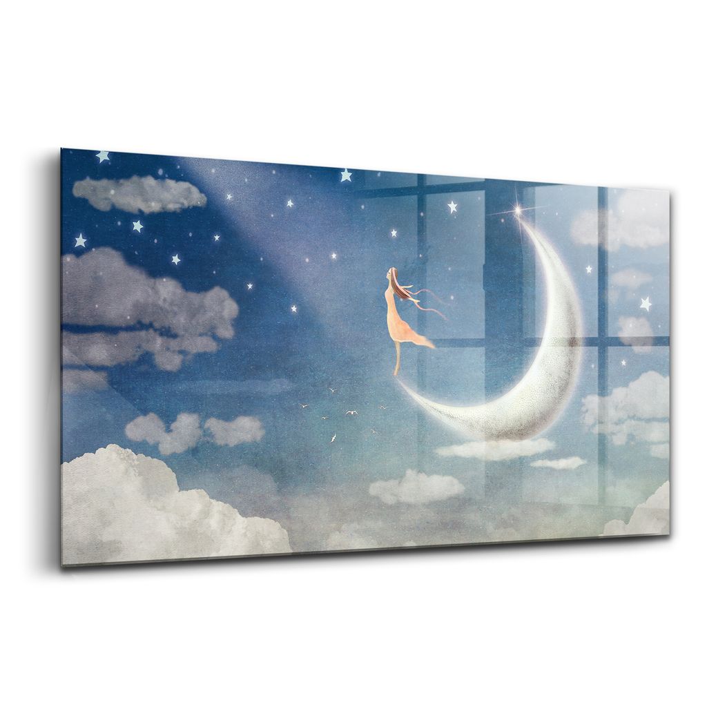 Glasmalerei - dekoratives Bild - moderne Malerei - 100x50 - Mädchen im mondbeschienenen Nachthimmel