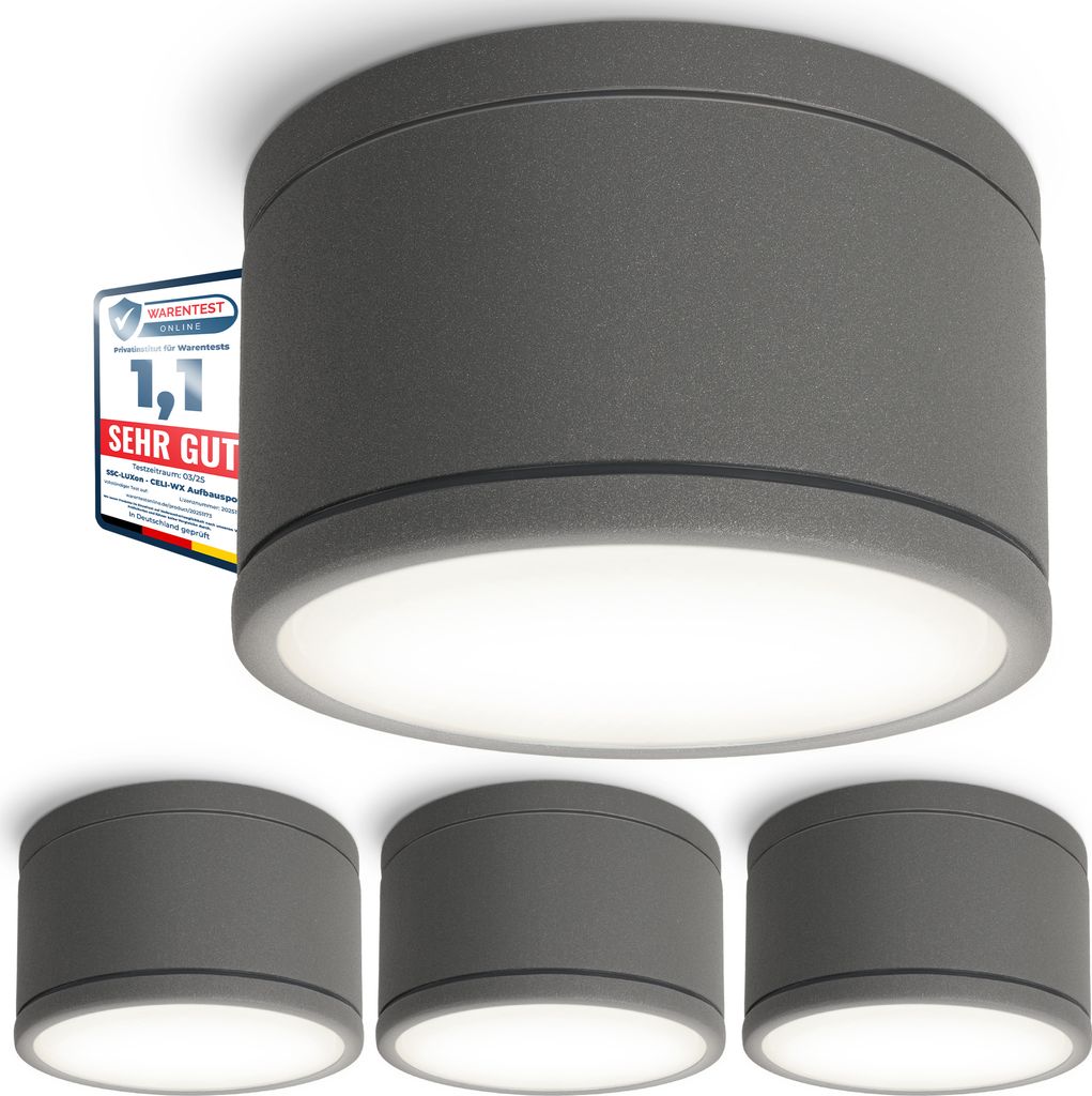 SSC-LUXon CELI-WX Bad IP44 Aufbauspot Set mit GX53 LED Lampe neutralweiß 3W wechselbar - 4x Deckenstrahler flach anthrazit 230V