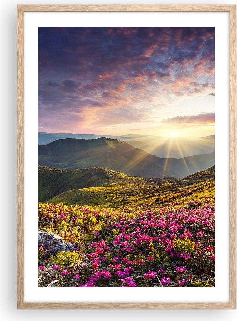 Gerahmtes Poster - Rahmen in heller Eiche - Gebirge Wiese Landschaft Wald - 50x70 cm - Wand Bild - Wanddeko - Wandbilder - Wandposter - Bilderrahme...