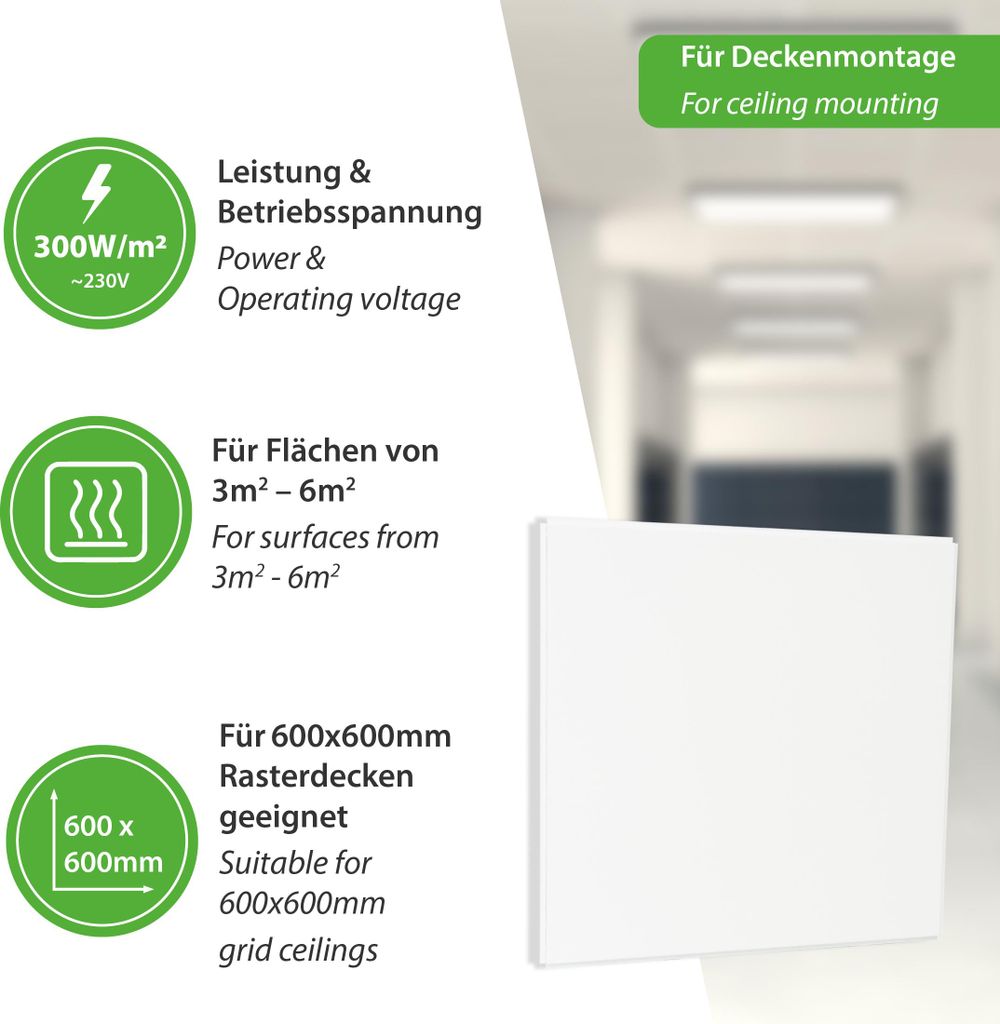 Odenwald Rasterdecke 300 Watt Infrarotheizung Infrarot Paneel 600x600mm Ecosun E300