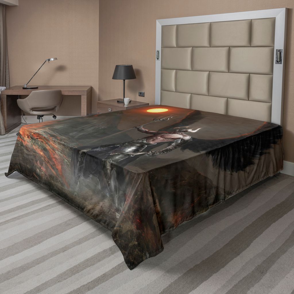 ABAKUHAUS Fantasy World Bettlaken, Ritter Mit Flügel Federn Engel Teufel Mond Feuer Fantasy Night Illustration, weiches bequemes oberes Bettlaken ...