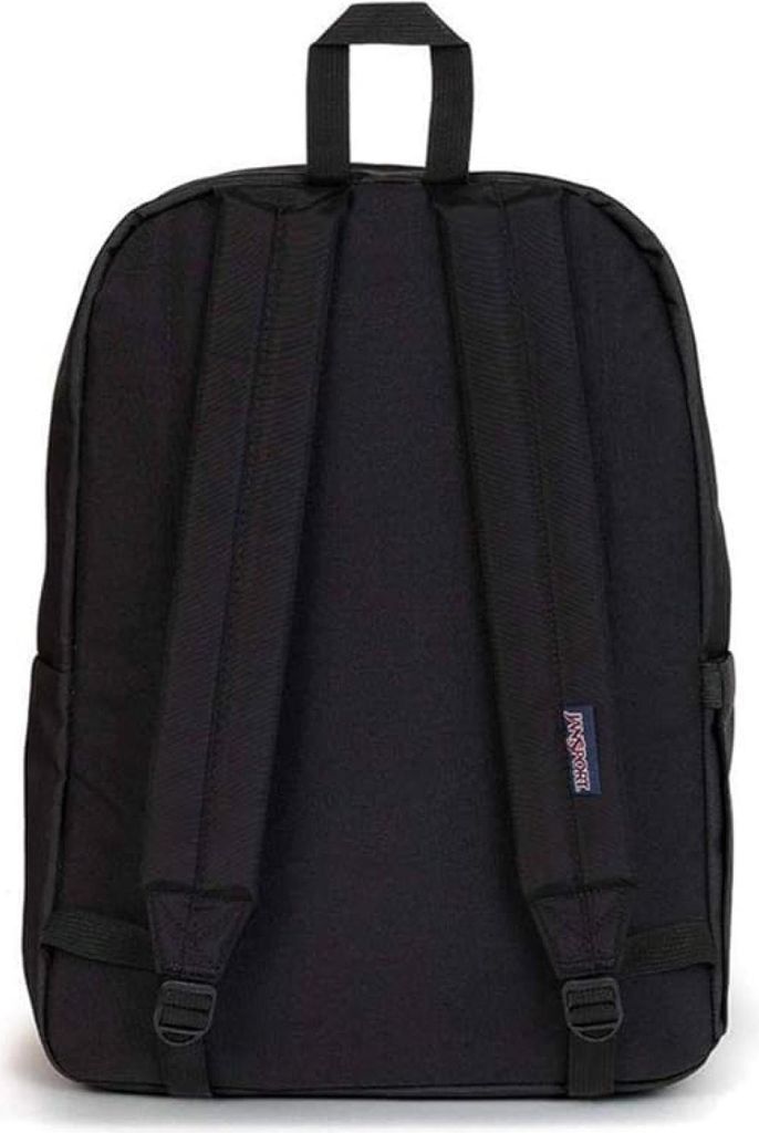 The back view of a black Jansport backpack.