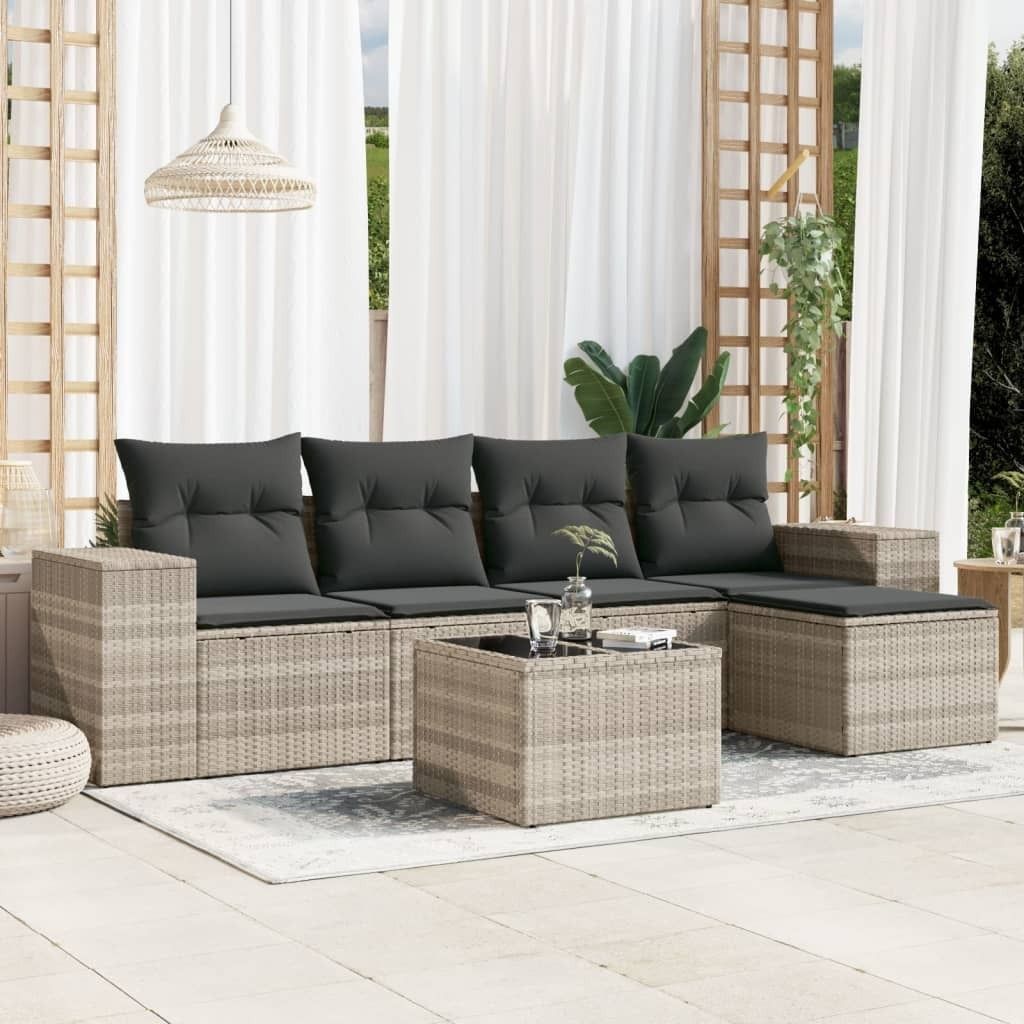 "2026 Promotion" 6-tlg. Garten-Sofagarnitur/Terrassenmöbel - mit Kissen - Hellgrau Poly Rattan - Gartenmöbelset CC12755